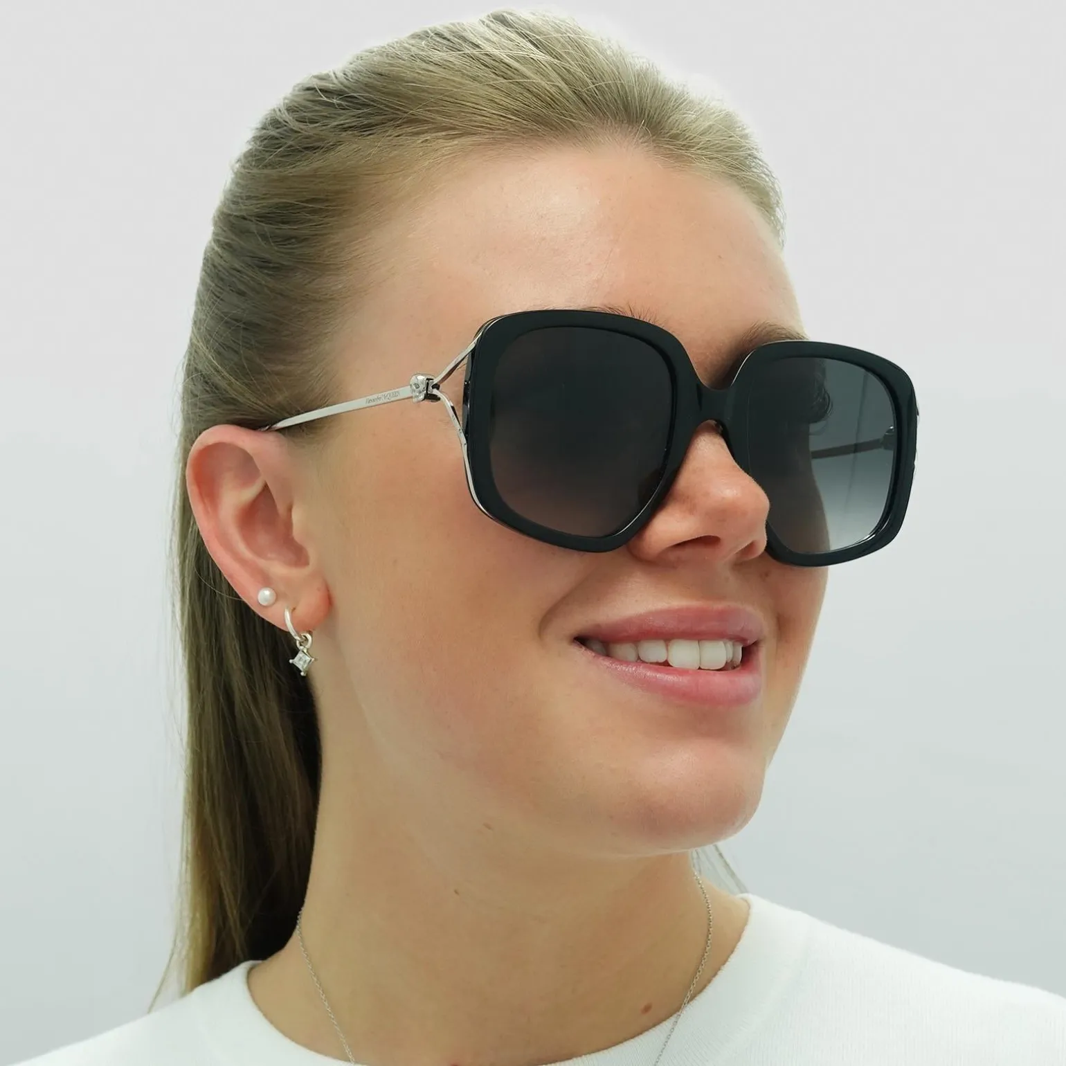 Alexander McQueen Sunglasses AM0374S 001 Black Silver Grey Gradient