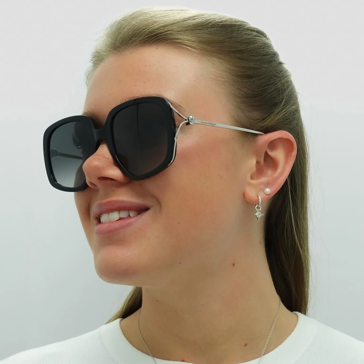 Alexander McQueen Sunglasses AM0374S 001 Black Silver Grey Gradient