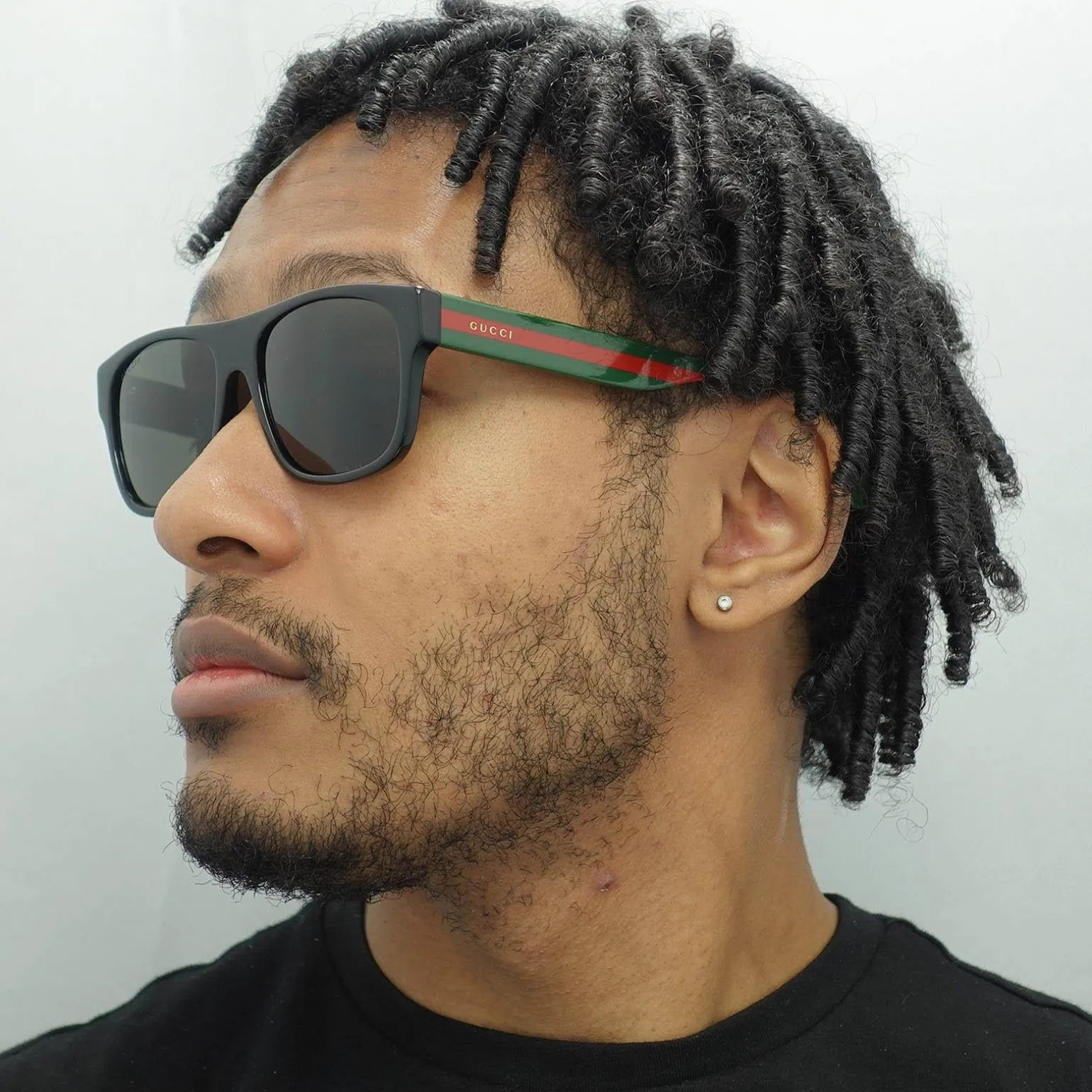 Gucci Sunglasses GG0341S 002 Black with Green and Red Stripe Grey Pola