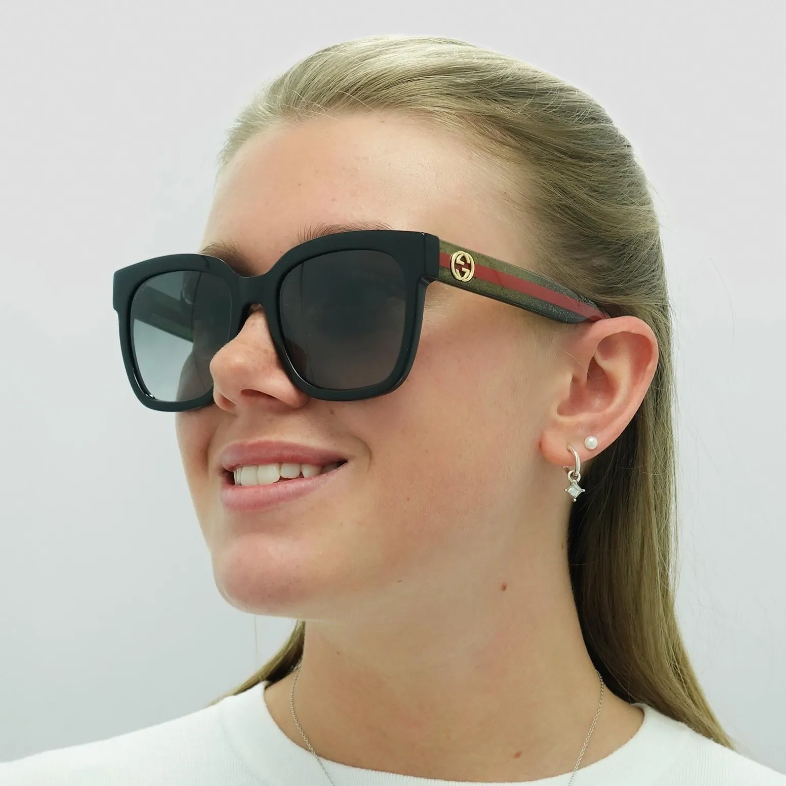 Gucci Sunglasses GG0034SN 002 Black With Green and Red Glitter Grey Gr