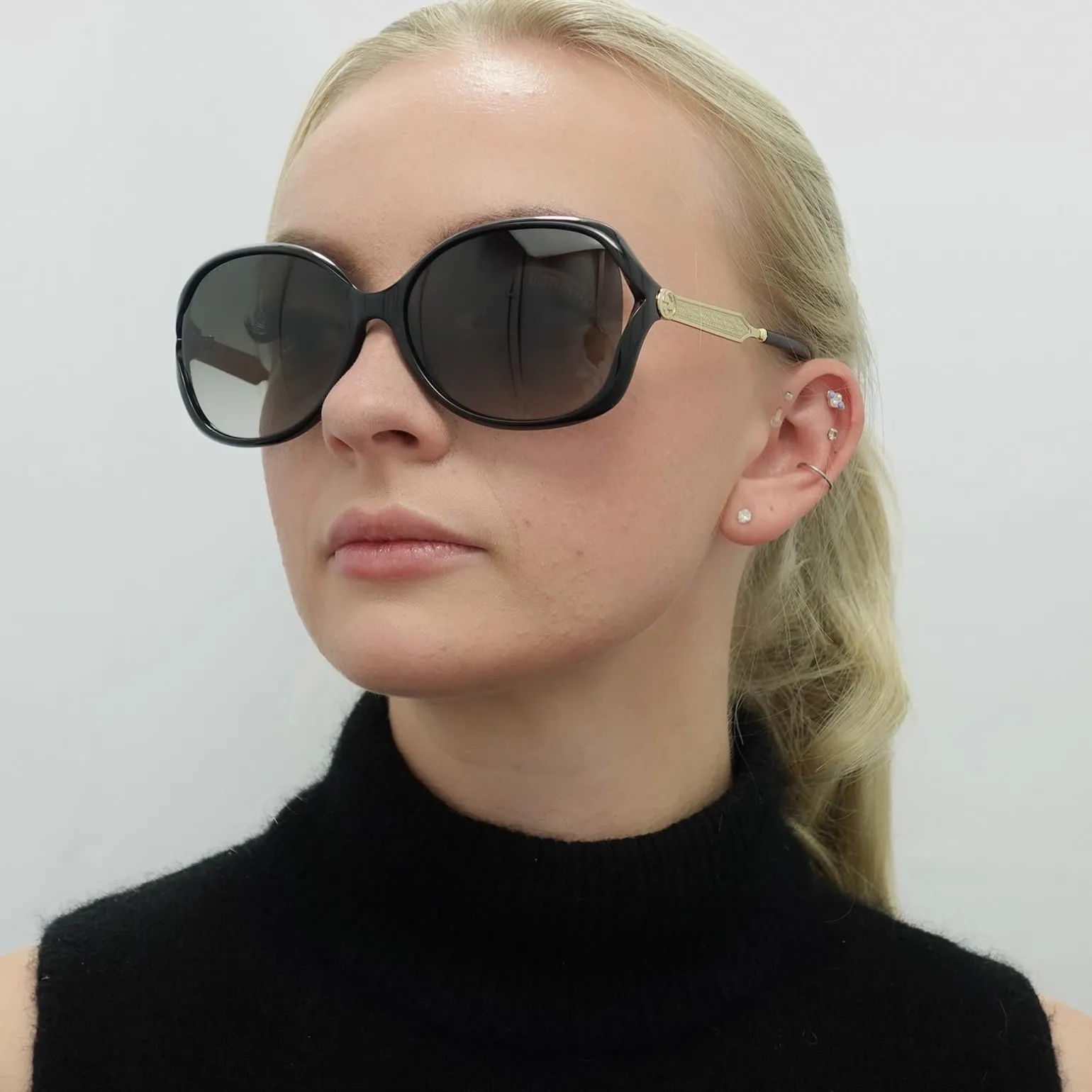 Gucci Sunglasses 0076S 002 Black Gold Grey Gradient