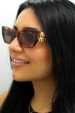 Miu Miu Sunglasses MU09WS 11Q08S Striped Tobacco Dark Violet
