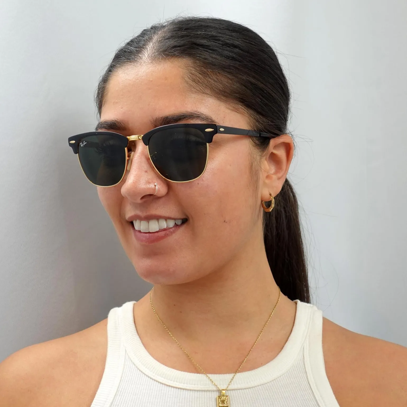 Ray-Ban Sunglasses Clubmaster Metal RB3716 187 Gold Top On Black Green