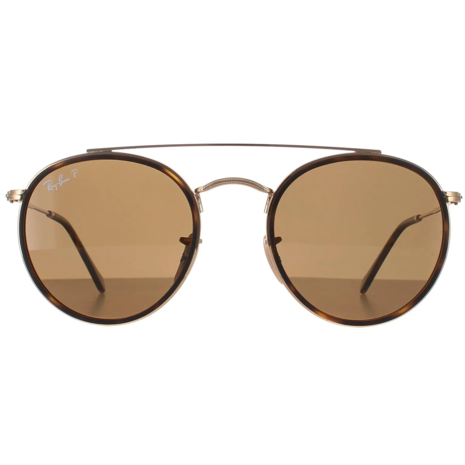 Ray-Ban Sunglasses Round Double Bridge 3647N 001/57 Gold Brown B-15 Po